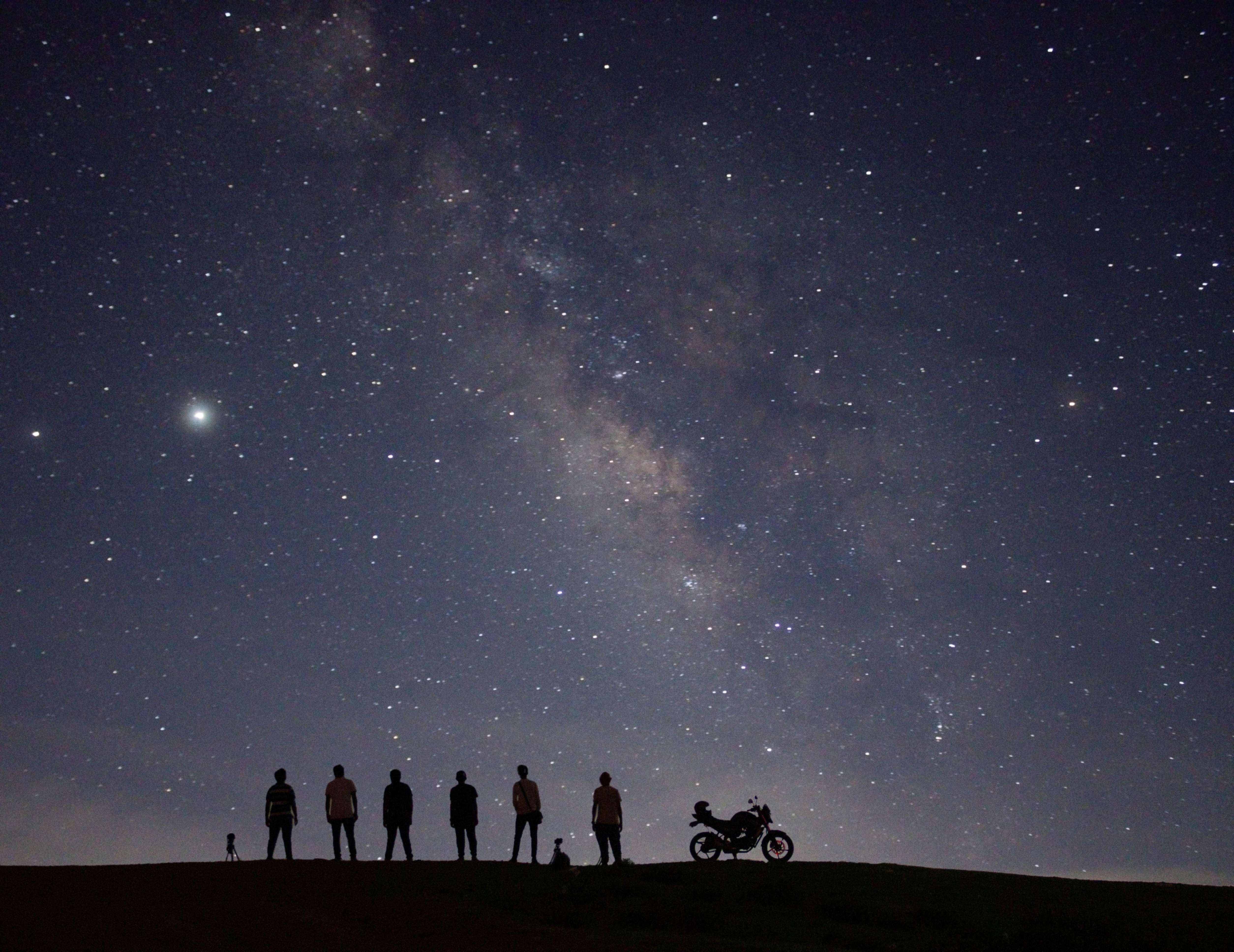 A group of people under a starry night sky with the Milky Way visible, representing Indian astro-tourism.